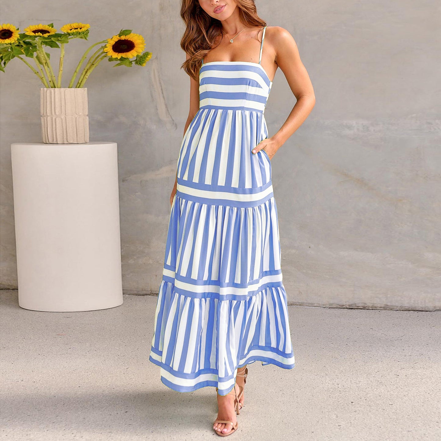 Robe Maxi à Volants Rayée