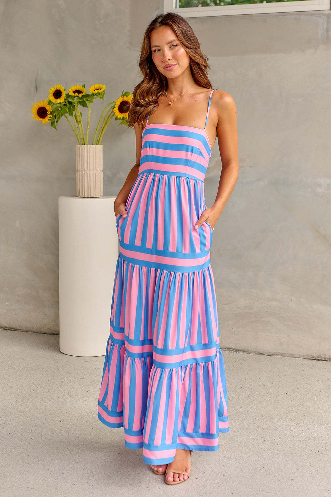 Robe Maxi à Volants Rayée