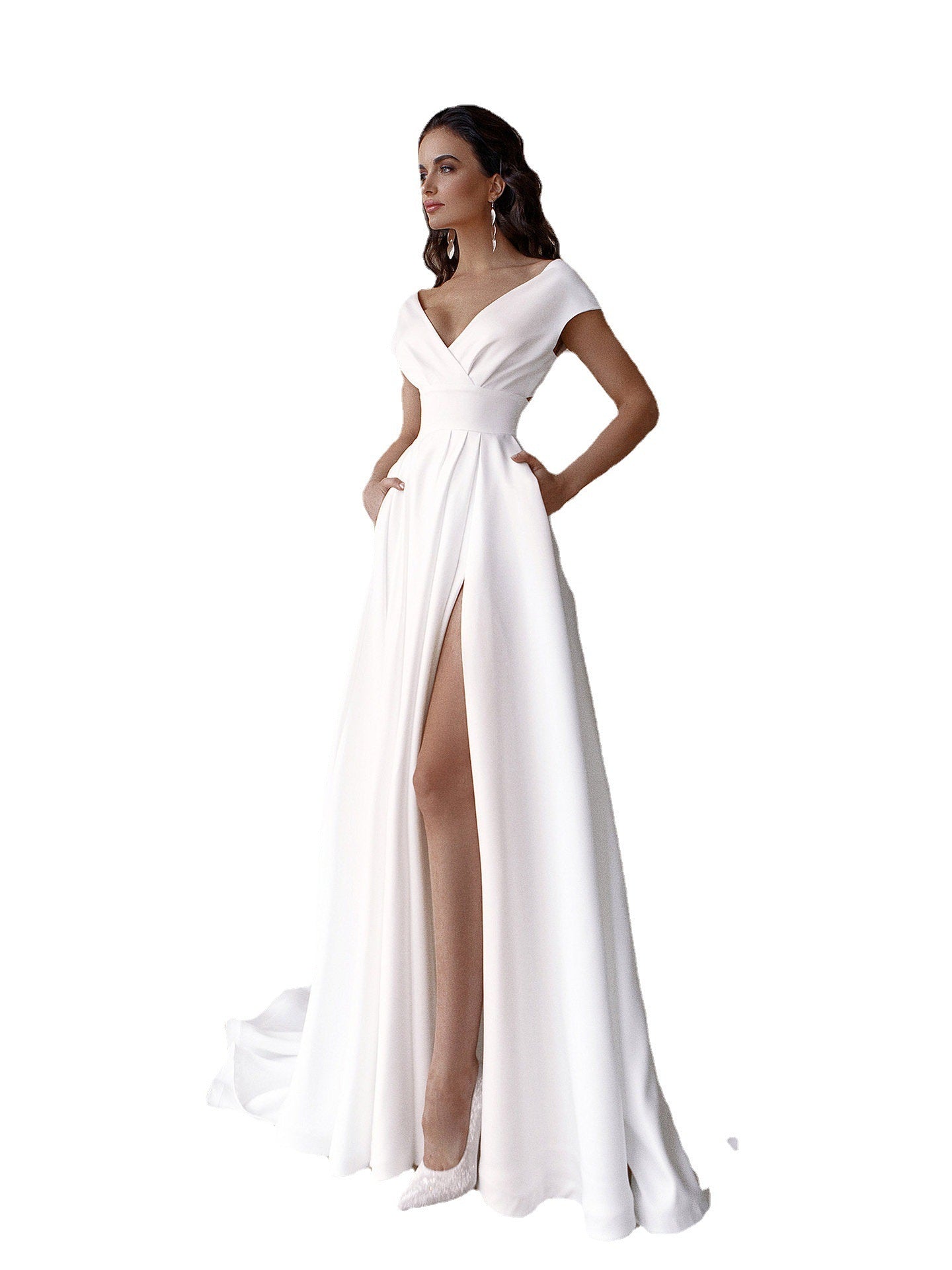 Women's V-Neck Solid Color Floor Long Dress