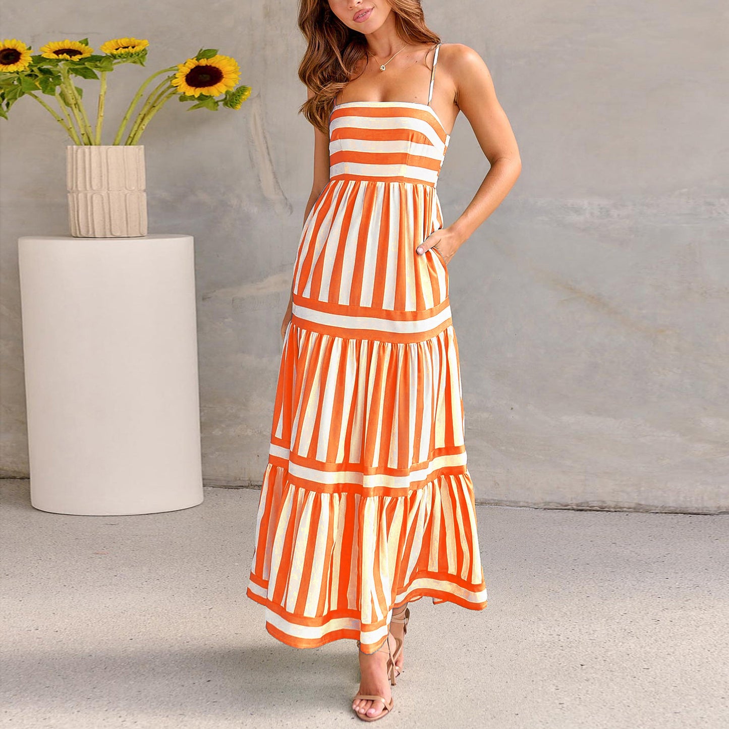 Robe Maxi à Volants Rayée