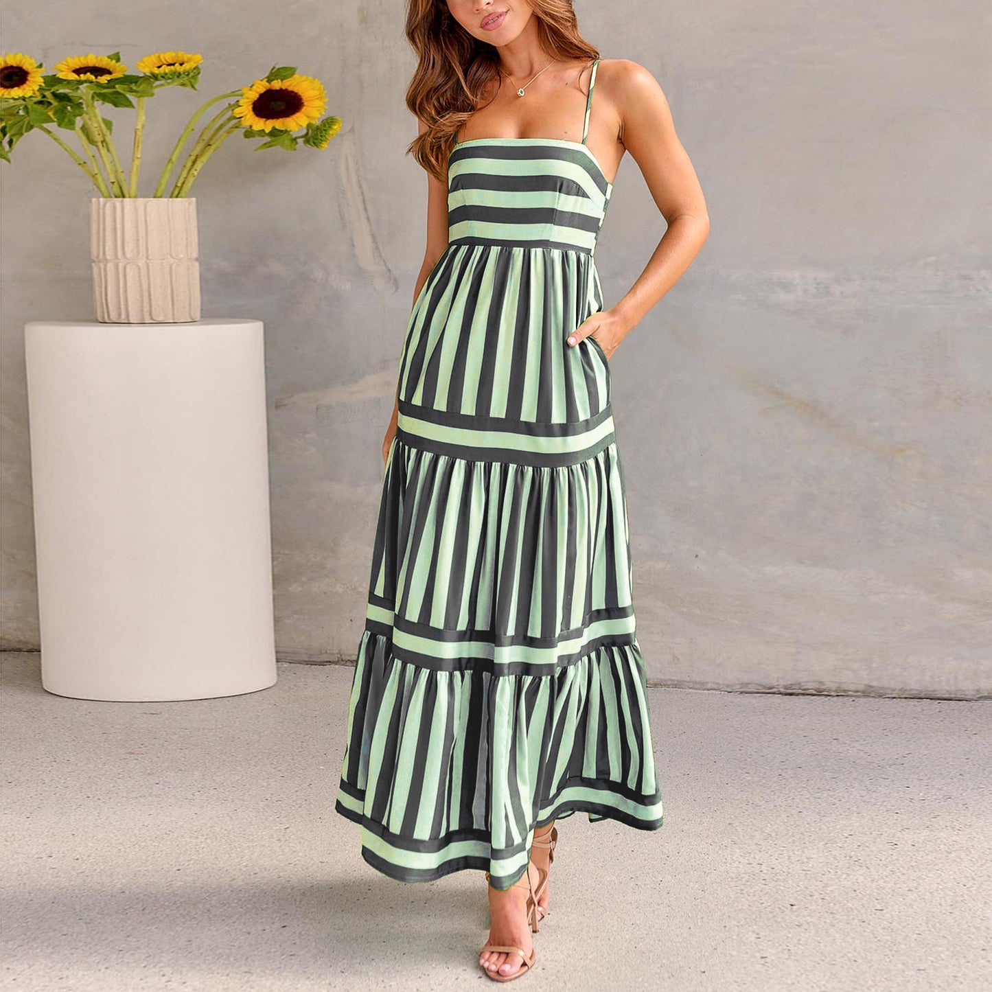 Robe Maxi à Volants Rayée