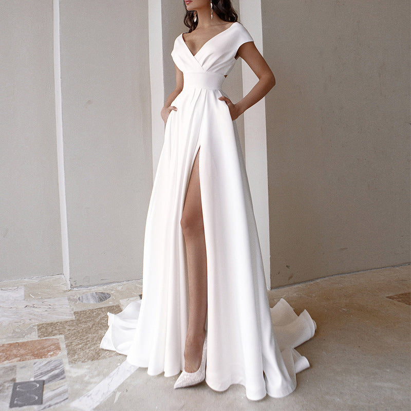 Women's V-Neck Solid Color Floor Long Dress