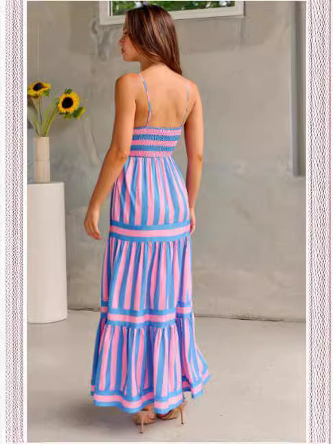 Robe Maxi à Volants Rayée
