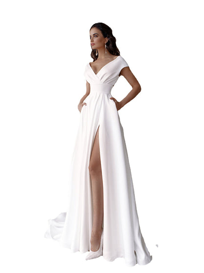 Women's V-Neck Solid Color Floor Long Dress
