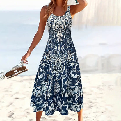 Robe Midi à Imprimé Navy Élégant