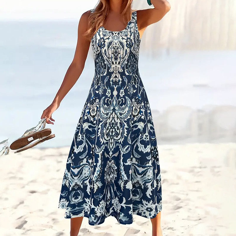 Robe Midi à Imprimé Navy Élégant